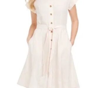 Calvin Klein Pale Pink Button-Front Tie-Waist Linen Midi Dress